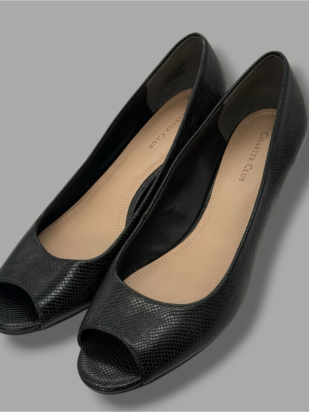 Charter Club Black faux leather snakeskin texture Peep-Toe Heels - Picture 3 of 8